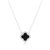 Sterling Silver Rhodium Plated Black Agate Clover & CZ Pendant 15.75+2" Necklace